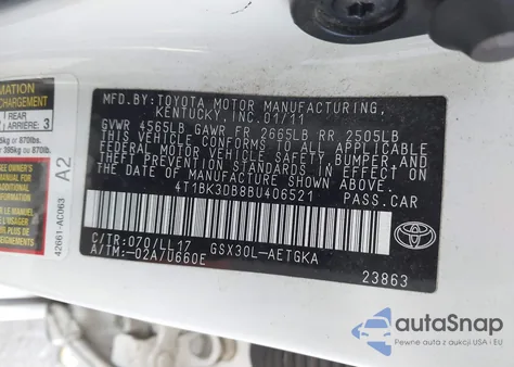 2011 Toyota Avalon из США, поврежденный, VIN 4T1BK3DB8BU406521